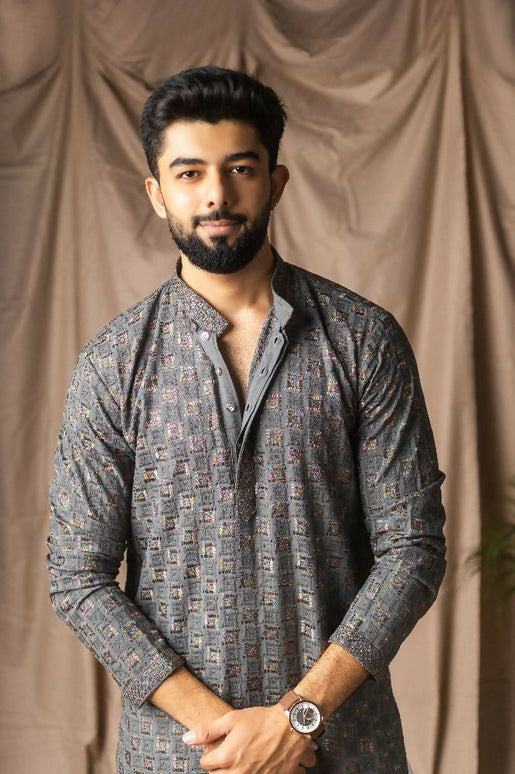 Grey Rayon Thread Embroidery Work Kurta Set - Mahotsav