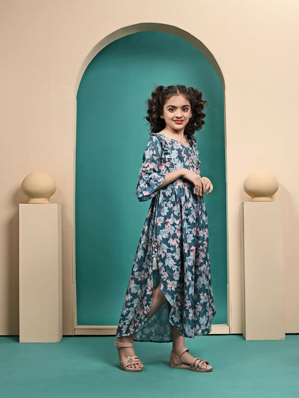 Divine Drape Girls Muslin Teal Printed Kids Anarkali Gown