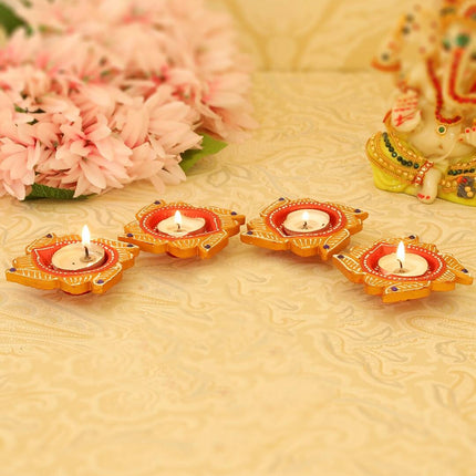 Tied Ribbons Set Of 4 Yellow & Red Printed Terracotta Diyas