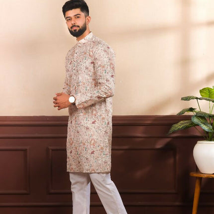 Beige Art Silk Digital Printed, Embroidery Work Kurta Set - Mahotsav