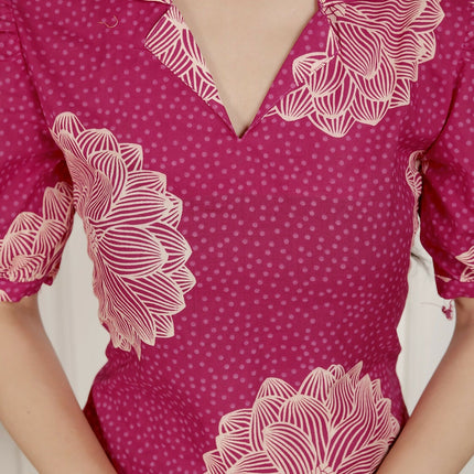 Miravan Womens Pink Printed Collar Neck Short Puff Sleeves Cotton A-Line Maxi Dress