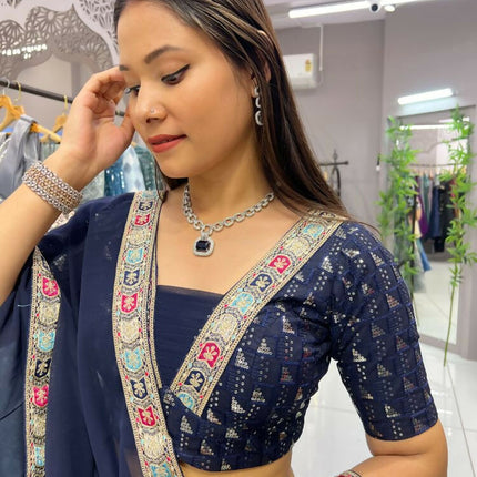 Aastha Fashion Navy Blue Heavy Georgette Pleated Semi Stitched Wedding Wear Lehenga Choli