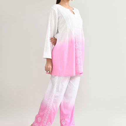 Joban Fashion Womens Cotton ChikanKari Pink & White Cord set