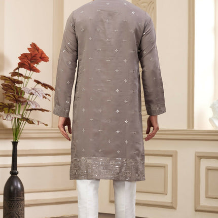 Raivat Ethnic Men's Art Silk Thread Work Kurta Pyjama In Brown Colour