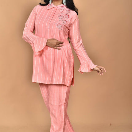 Morchari Women And Hand Embroidery Co-Ords-Peach