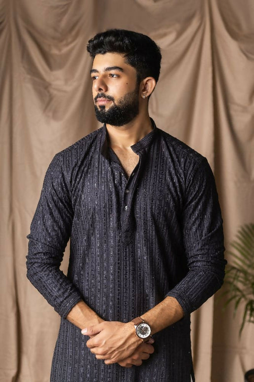 Dark Grey Rayon Thread Embroidery Work Kurta Set - Mahotsav