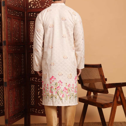 Cream Cotton Printed Chikankari Embroidery Work Kurta - Mahotsav