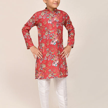 Joban Fashion Cotton Silk Red Kurta With Straight Fit Pant