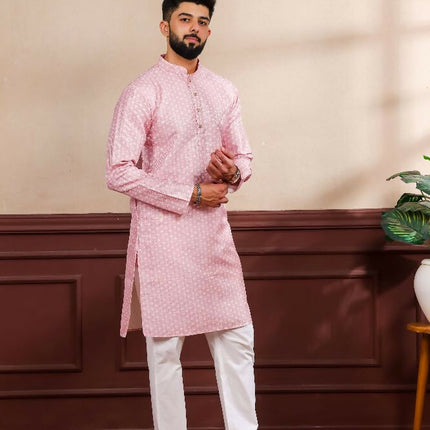 Pink Art Silk Digital Printed, Embroidery Work Kurta Set - Mahotsav
