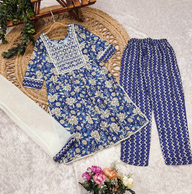 Divine Drape Girls Poly Cotton Blue Embroidered Straight Kids Kurta Pant With Dupatta