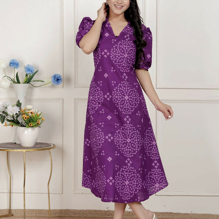 Miravan Womens Purple Bandhani Printed A-Line Maxi Dress