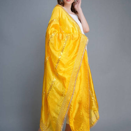 Shehnaai Golden Yellow Artsilk Dupatta With Sarwoski And Gota Aari Embroidery