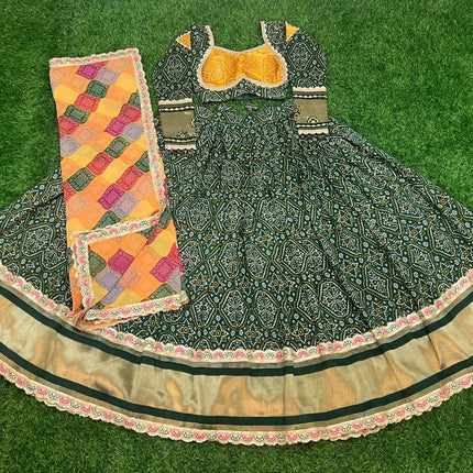 Aastha Fashion Green Gaji Soft Silk Discharge Print + Embroidery Zari / Thread / Sequence Work Lace Semi Stitched Wedding Wear Lehenga Choli