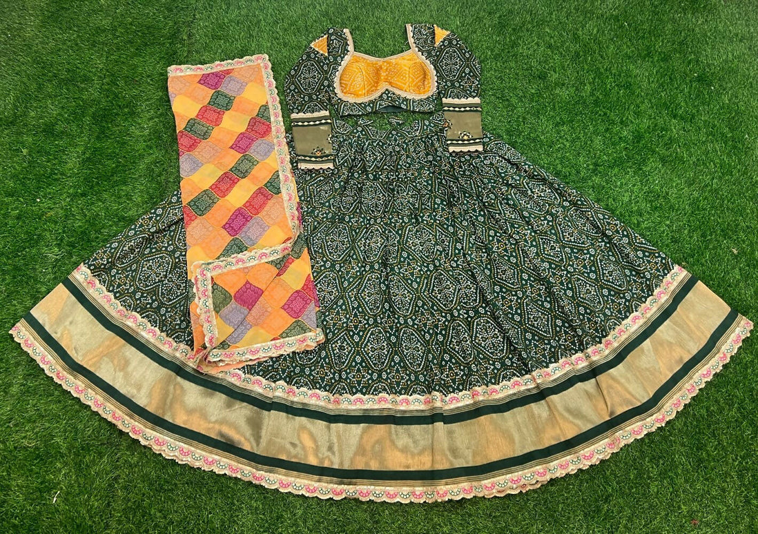 Aastha Fashion Green Gaji Soft Silk Discharge Print + Embroidery Zari / Thread / Sequence Work Lace Semi Stitched Wedding Wear Lehenga Choli