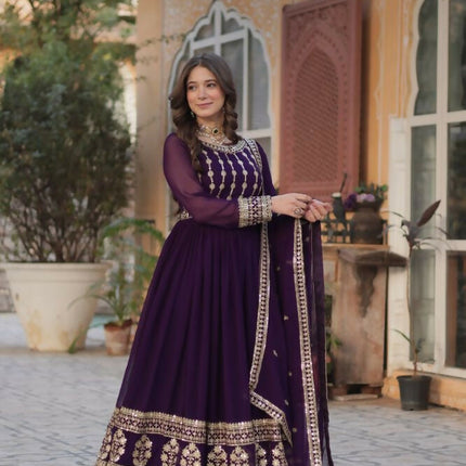 Aastha Fashion Purple Faux Blooming Embroidery Zari Sequins-work Party Wear Designer Gown
