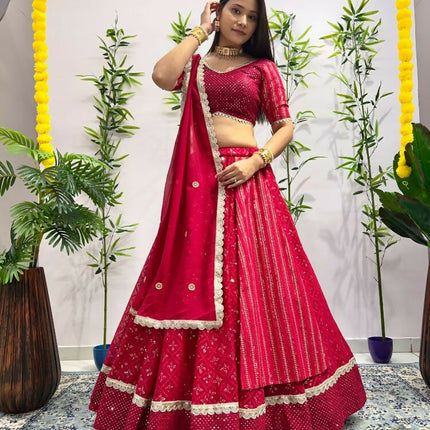 Aastha Fashion Rani Pink Heavy Georgette Heavy Embroidery+ Sequence +Ready Lace Semi Stitched Wedding Wear Lehenga Choli