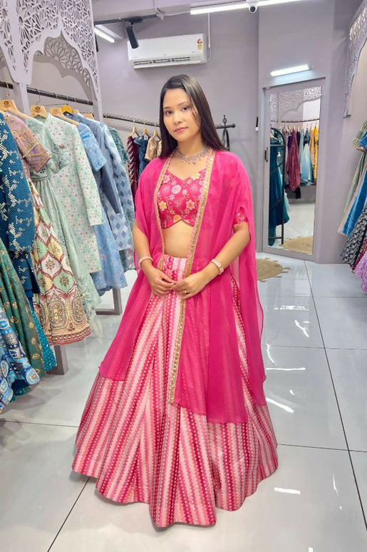 Aastha Fashion Pink Slub Silk Embroidery Thread / Sequence Work + Digital Print Semi Stitched Wedding Wear Lehenga Choli