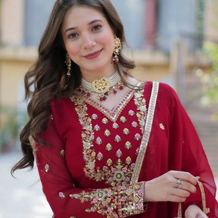 Aastha Fashion Maroon Faux Blooming Georgette Sequins Embroidered work Party Wear Designer Gown