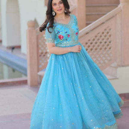 Aastha Fashion Sky Gold Crush Multi Thread Embroidery Zari Sequins-Work Party Wear Designer Gown