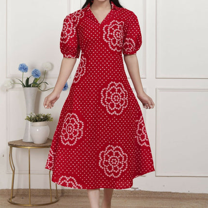 Miravan Womens Red Bandhani Printed Collar Neck Maxi Dress