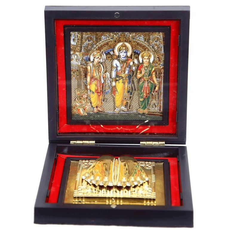 AncientlRam Darbar Pocket Temple Box With Charan Paduka Square Shaped, Gold-Polished