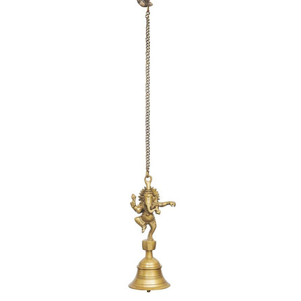 eCraftIndia Golden Brass Dancing Ganesha Idol Wall Hanging Bell With Chain