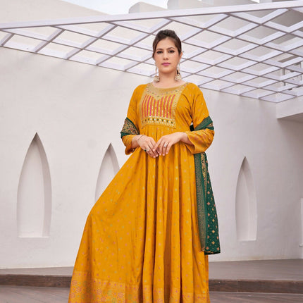 Aastha Fashion Yellow Rayon Party Wear Designer Gown Collection