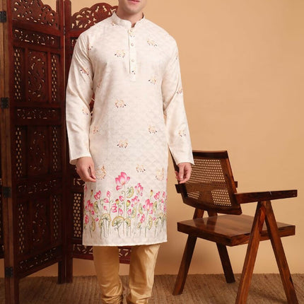 Cream Cotton Printed Chikankari Embroidery Work Kurta - Mahotsav