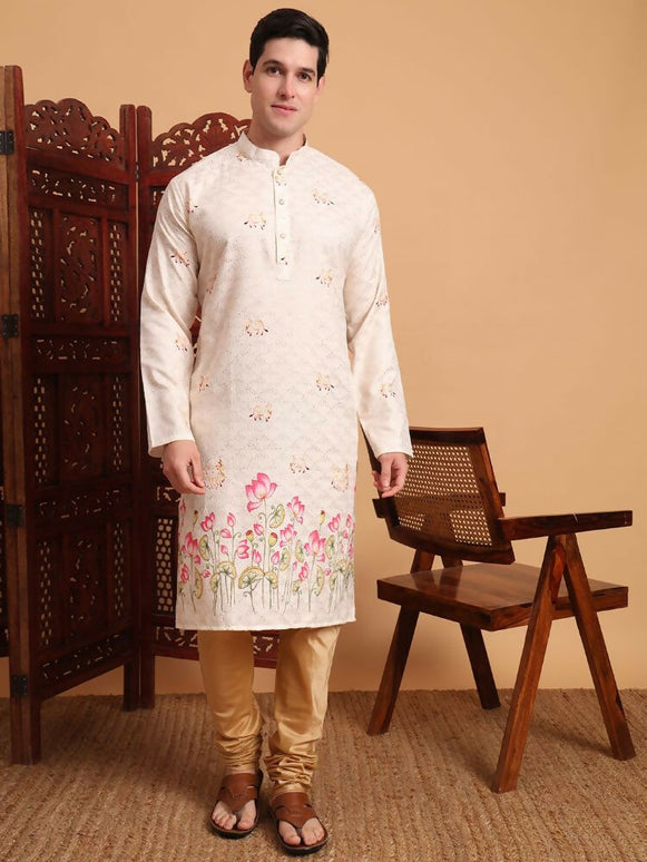 Cream Cotton Printed Chikankari Embroidery Work Kurta - Mahotsav