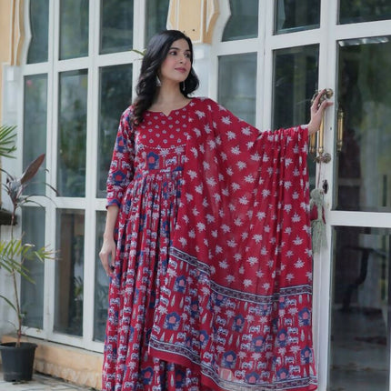 Aastha Fashion Maroon Pure Cotton Printed Party Wear Designer Gown