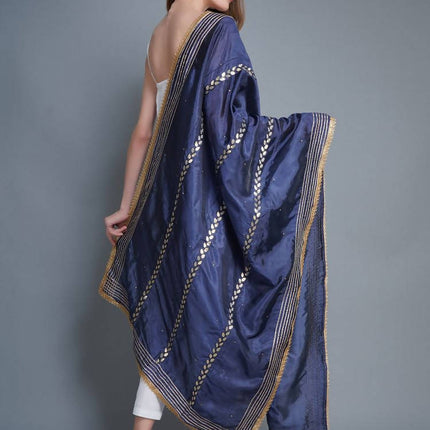 Shehnaai Navy Blue Artsilk Dupatta With Sarwoski And Gota Aari Embroidery