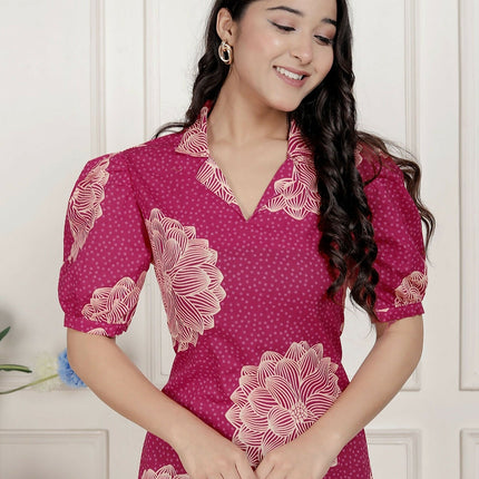 Miravan Womens Pink Printed Collar Neck Short Puff Sleeves Cotton A-Line Maxi Dress