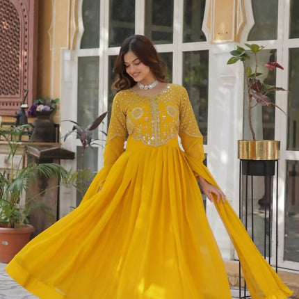 Aastha Fashion Yellow Faux Blooming Embroidery Work Party Wear Designer Gown