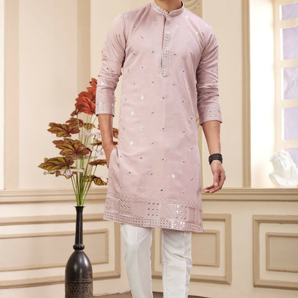 Raivat Ethnic Men's Art Silk Thread Work Kurta Pyjama In Onion Colour