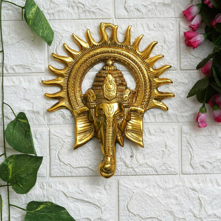 eCraftIndia Golden Lord Ganesha With Sun Decorative Metal Wall Hanging