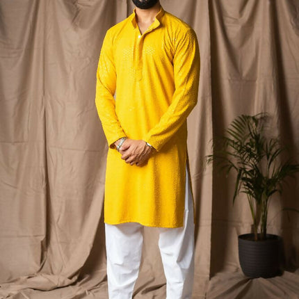 Light Yellow Rayon Thread Embroidery Work Kurta Set - Mahotsav