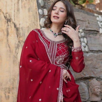 Aastha Fashion Maroon Faux Blooming Sequins-Multi & Beads Embroidered Work Party Wear Designer Gown