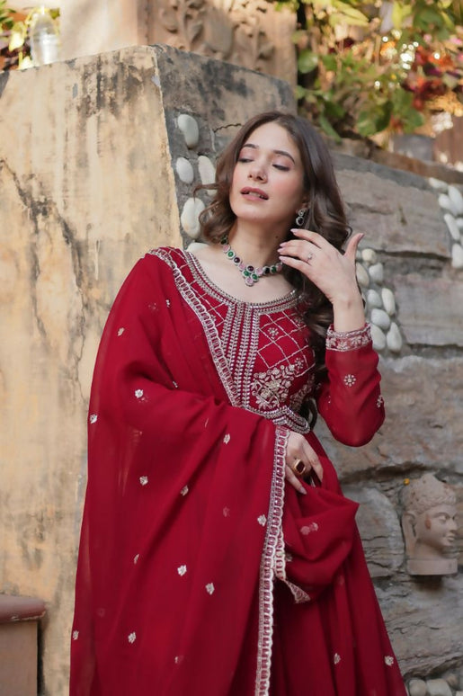 Aastha Fashion Maroon Faux Blooming Sequins-Multi & Beads Embroidered Work Party Wear Designer Gown