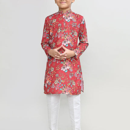 Joban Fashion Cotton Silk Red Kurta With Straight Fit Pant