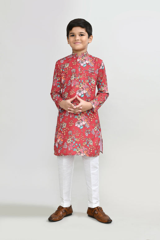 Joban Fashion Cotton Silk Red Kurta With Straight Fit Pant