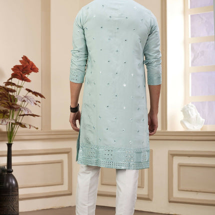 Raivat Ethnic Men's Art Silk Thread Work Kurta Pyjama In Pista Green Colour