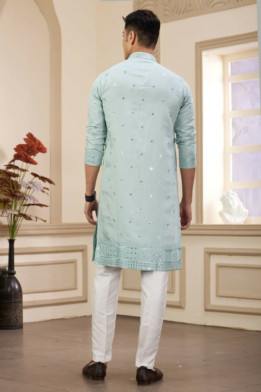 Raivat Ethnic Men's Art Silk Thread Work Kurta Pyjama In Pista Green Colour