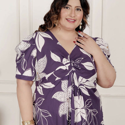 Miravan Womens Plus Size Purple Pleated Puff Sleeve Floral Pure Cotton Butterfly Middi Dress