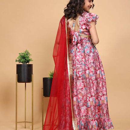 Divine Drape Girls Chinon Pink Printed Kids Lehenga Choli With Dupatta