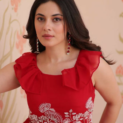 Aastha Fashion Red Faux Blooming Beads Embroidered work Party Wear Designer Gown