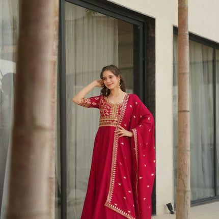 Aastha Fashion Pink Vichitra Silk Sequins-Multi & Zari Embroidered Work Party Wear Designer Gown