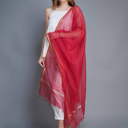 Shehnaai Chanderi Silk Dupatta Red Colour With A Golden Woven Border
