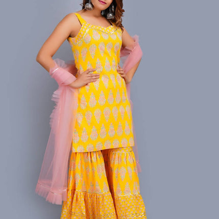 Shehnai Yellow Printed Strap Short Kurta With Sharara Set And Net Dupatta