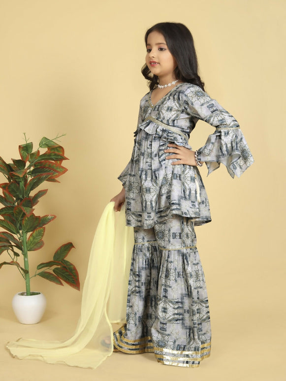 Divine Drape Girls Muslin Grey Printed Straight Kids Kurta Sharara With Dupatta