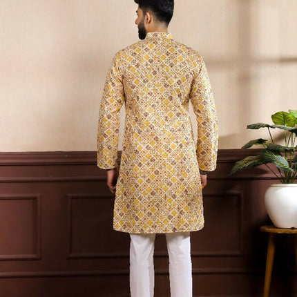 Mustard Art Silk Digital Printed, Embroidery Work Kurta Set - Mahotsav